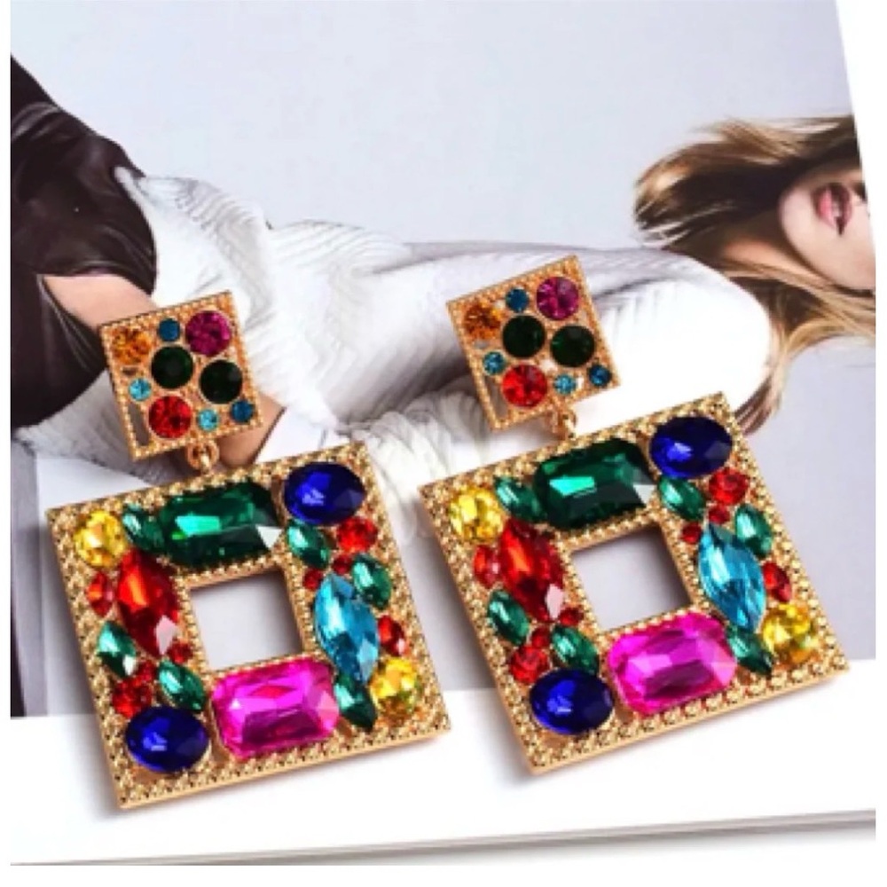 Oversized Multi Color Rhinestone Square Dangle Colorful Earrings - Picture 4 of 4